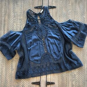 Navy Crochet Cold Shoulder Top